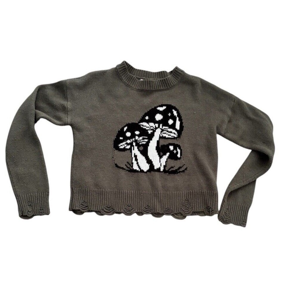 Mushroom Cottagecore Jacquard Knit Olive Green Crop Sweater No Boundaries XS